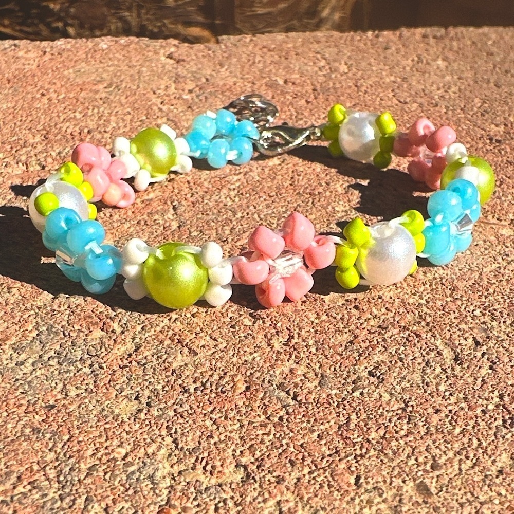 Pastel Floral Adjustable Bracelet with Silver Colored Accents